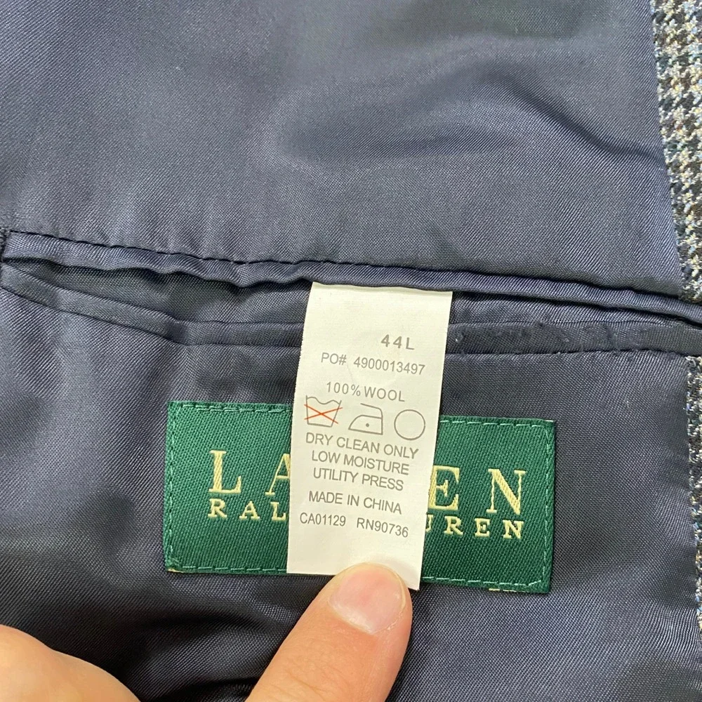 Lauren Ralph Lauren Sport Coat 44L Houndstooth 100% Wool Two Button Blue Blazer